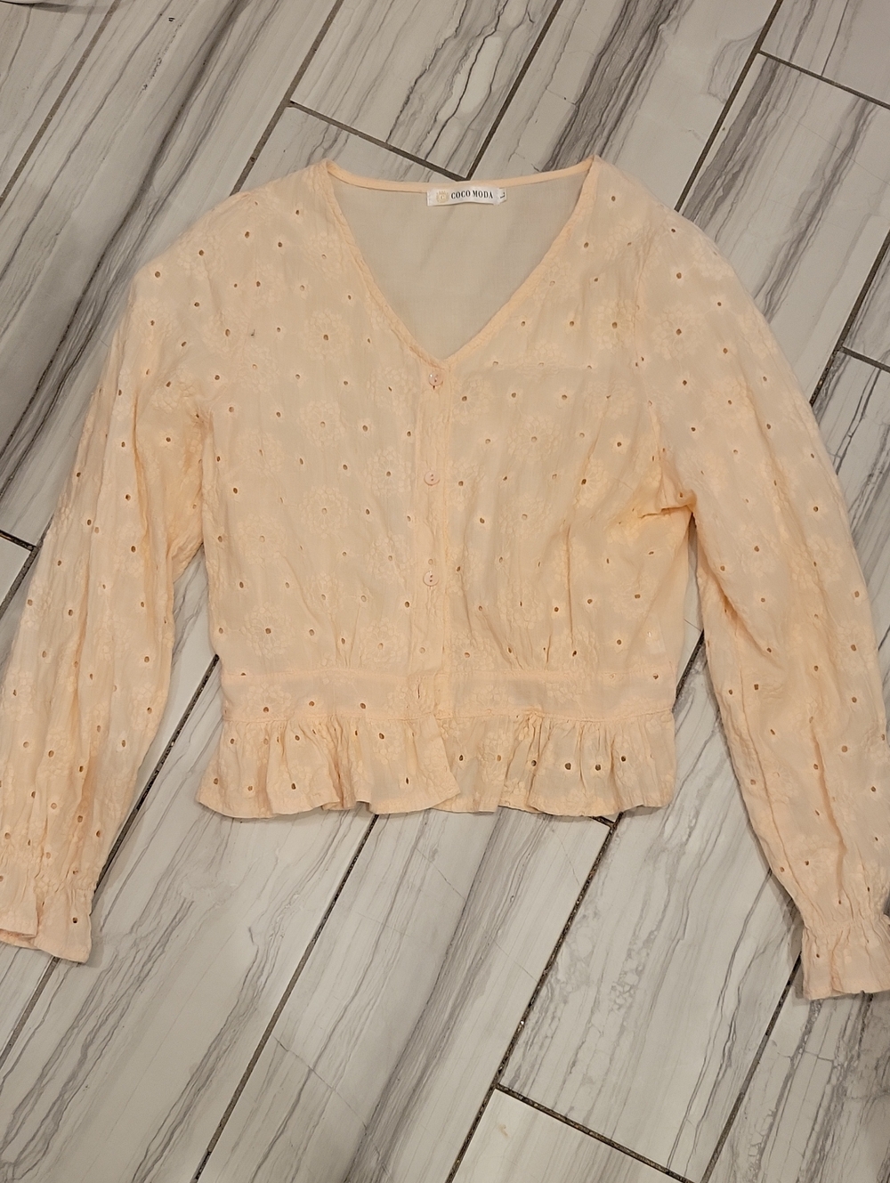 Peach Eyelet Button Front Peplum Blouse